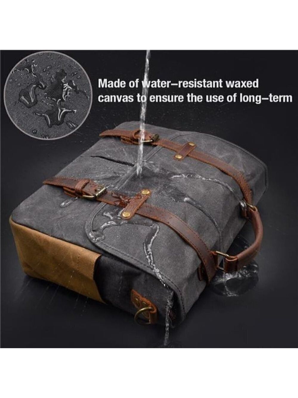 Messenger Bag Waterproof Vintage Genuine Leather Canvas Briefcase Laptop GRAY - Picture 2 of 7